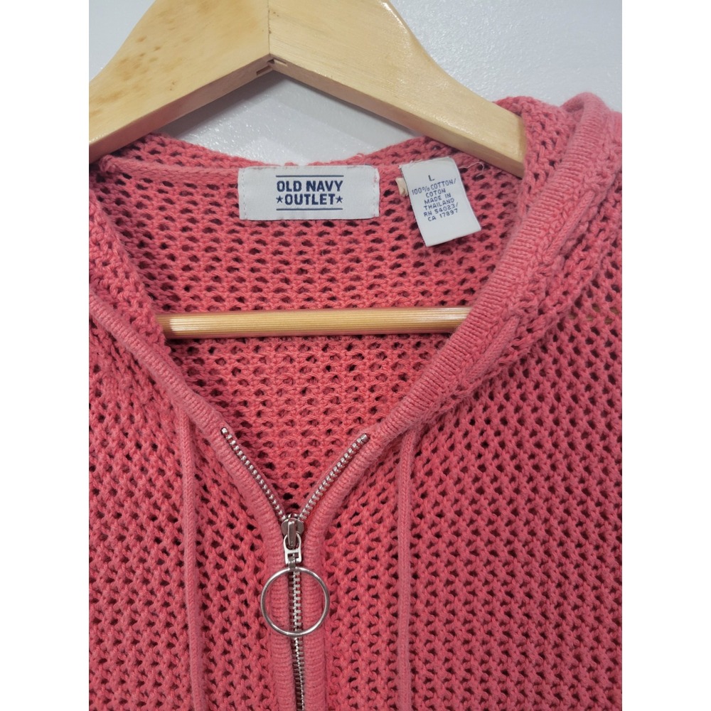 Womens Large Coral Pink Open Knit Full Zip Cotton Hoodie Sweater Old Navy - Picture 4 of 7